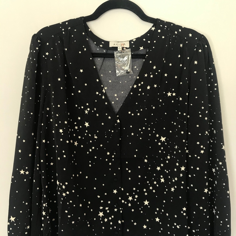 Modcloth Holiday NYE Black White Star Printed Blouse Top Long Sleeve L